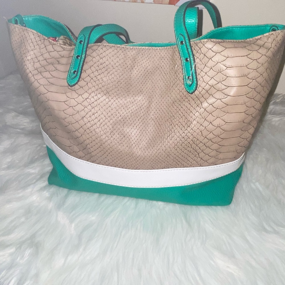 Snake Skin Embossed Tan and Green Tote